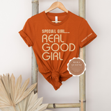 Special Girl Real Good Girl | Autumn t shirt with beige text on front and sleeve