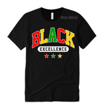 BLACK EXCELLENCE SHIRT | BLACK T SHIRT WITH RED, YELLOW AND GREEN AND WHITE GRAPHICS
