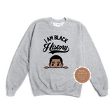 Black History Boys Sweatshirts | Gray Sweatshirt with peek a boo African American boy under the text I am Black History