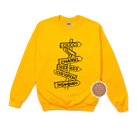 Fashion Brands Street Sign Sweatshirt | Yellow Sweatshirt with Black graphic