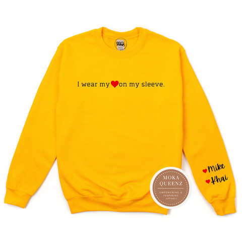 Personalized Heart Shirt | Yellow sweatshirt with black and red text 
