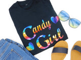 New Edition Shirt | Candy Girl Shirt - Black T shirt with rainbow with blue sandals, blue sunglasses and blue denim jeansxt, 